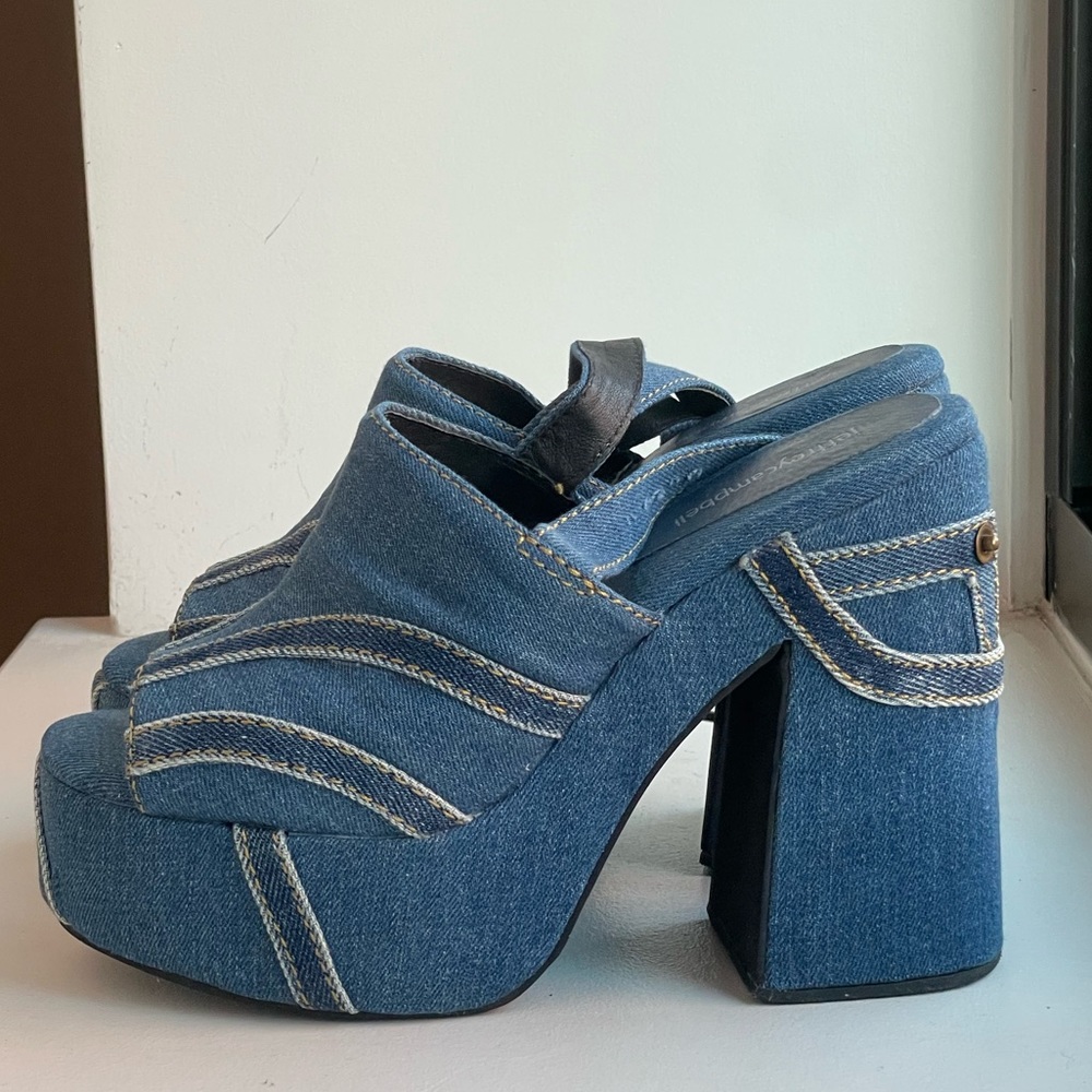 Jeffrey Campbell denim platform sandals, size 7, heel 4”, platform 1.5”